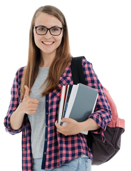 Imagen que muestra a una estudiante de género femenino levantando el pulgar y con cuadernos escolares y mochila al hombro. Cuenta con anteojos, cabello castaño claro, anteojos y porta una sonrisa amplia y un pulgar levantado.